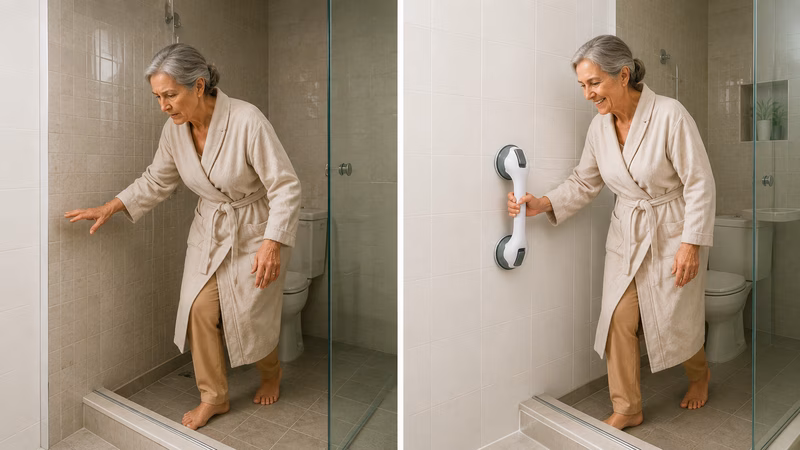 Nahaufnahme von nassen, rutschigen Badezimmerfliesen neben einer Badewanne.